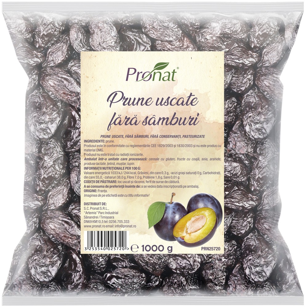 Prune uscate, fara samburi, 1kg Pronat