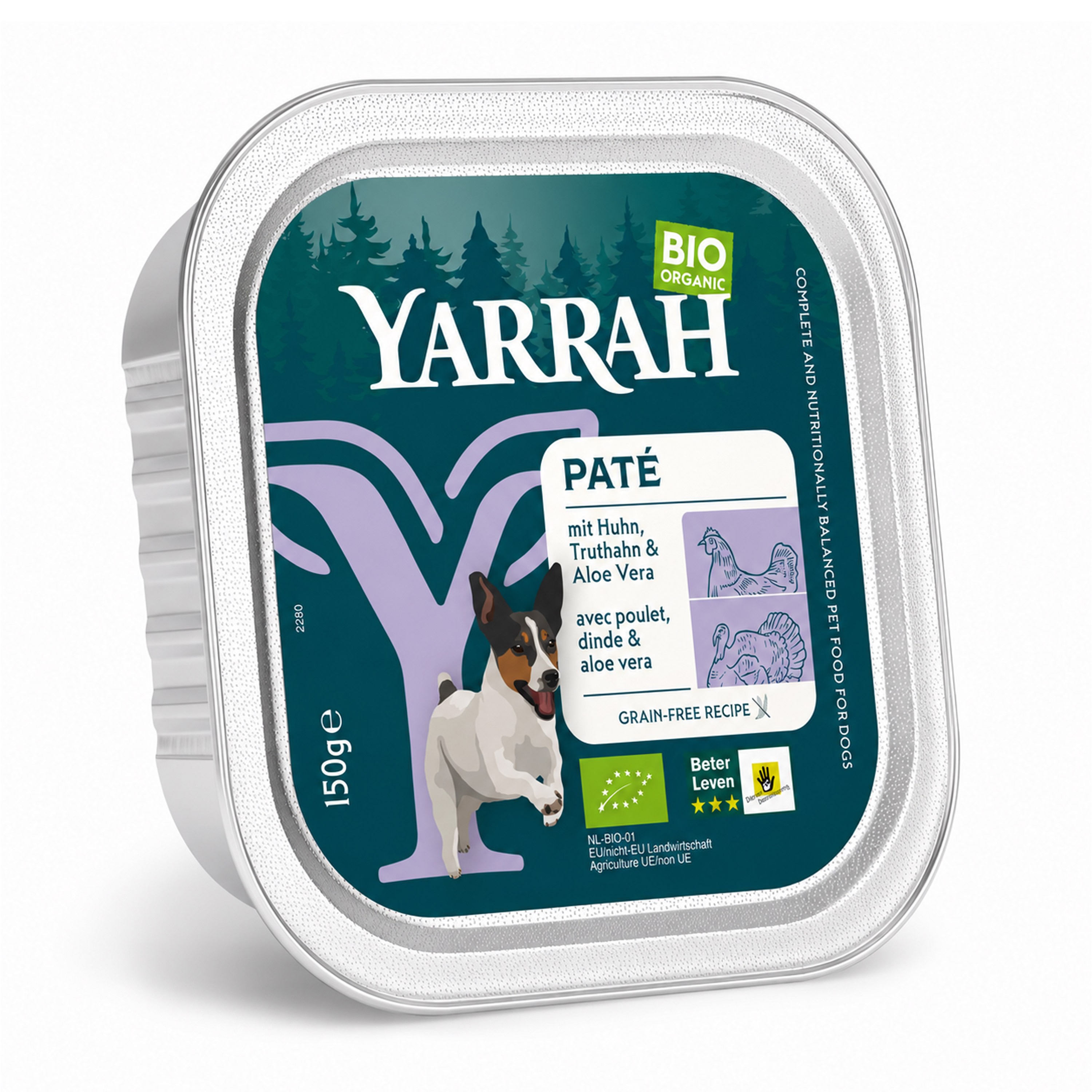 Hrana umeda bio pentru caini, pate cu pui, curcan si aloe vera, 150g Yarrah