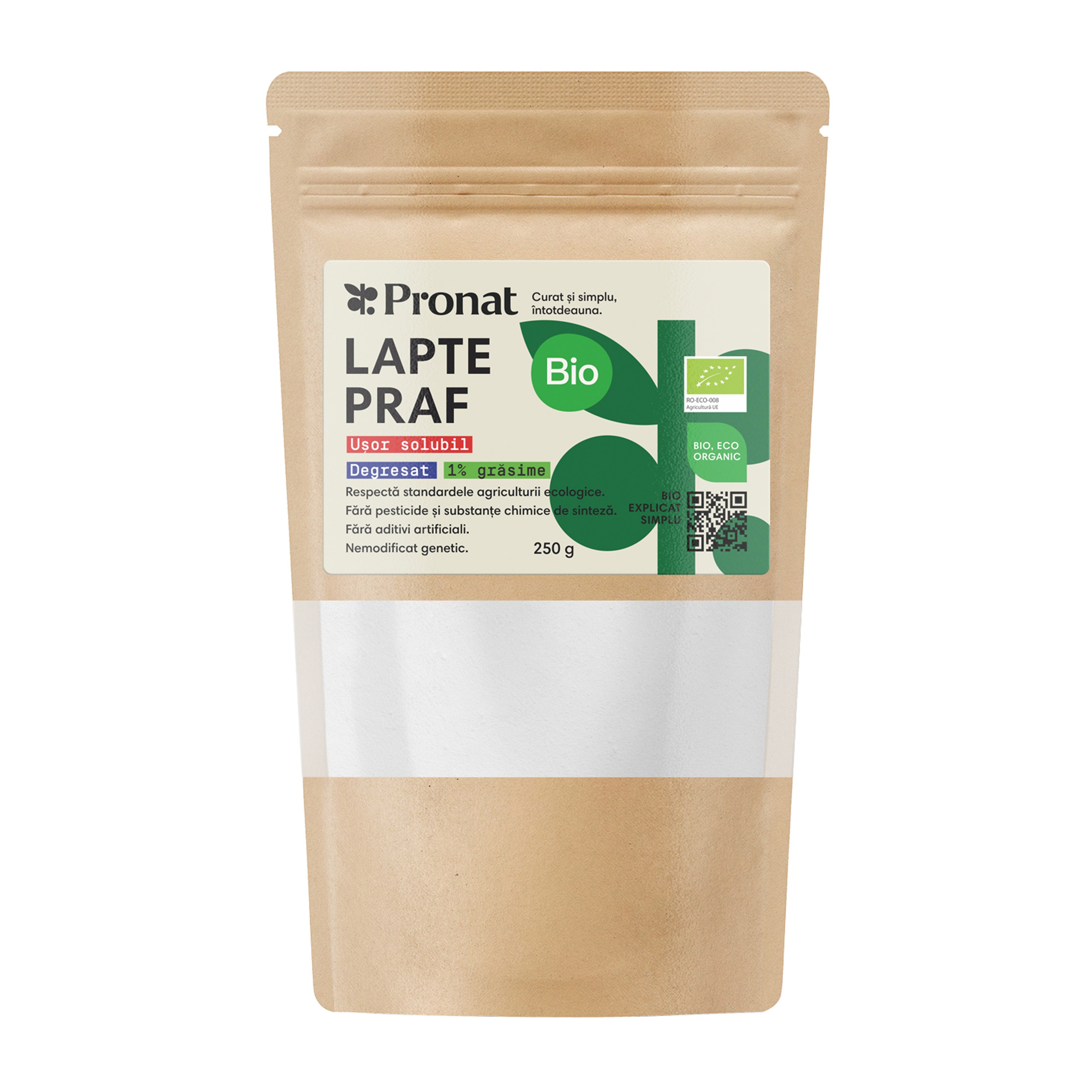 Lapte praf bio degresat, 1% grasime, 250g Pronat