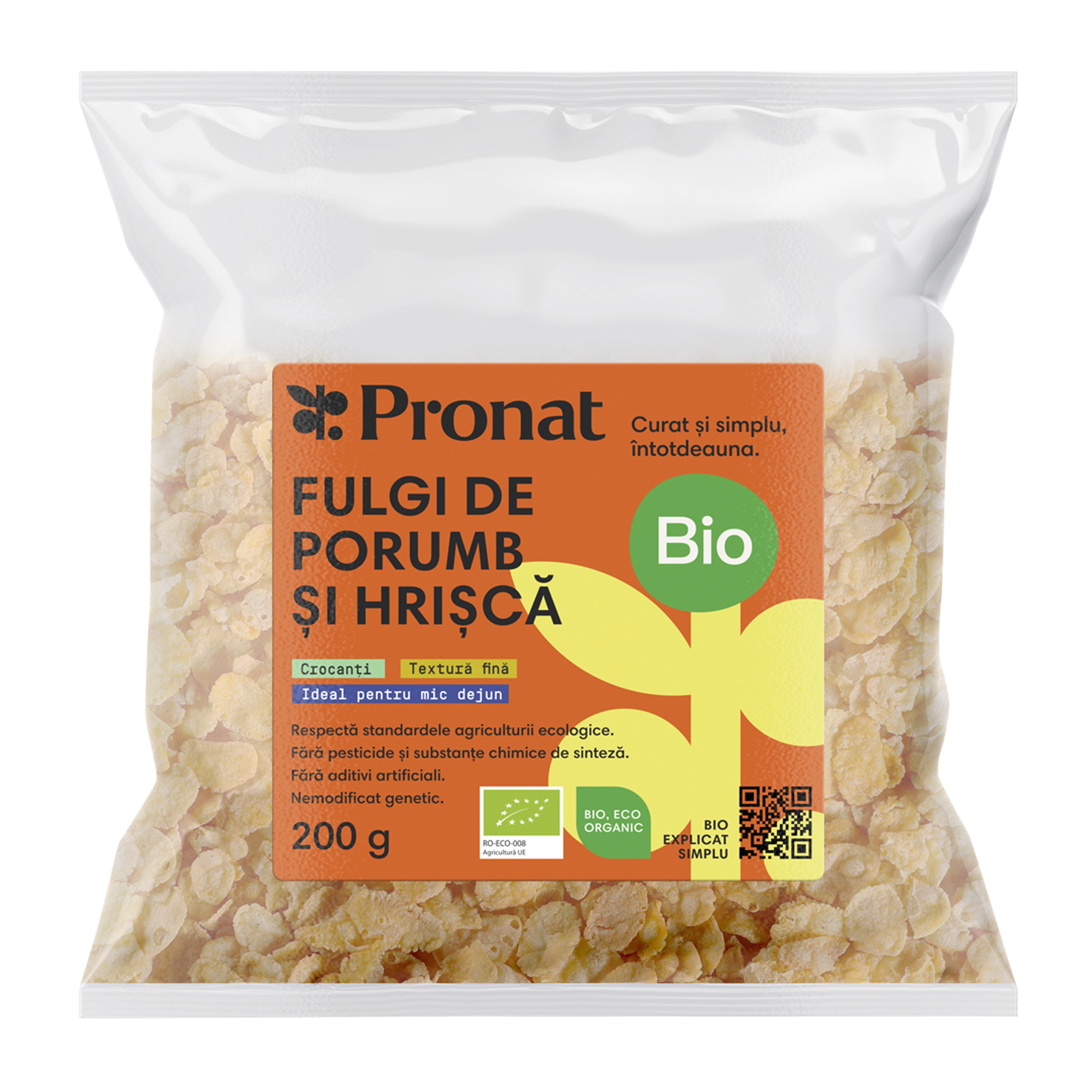 Fulgi bio de porumb si hrisca, 200g Pronat