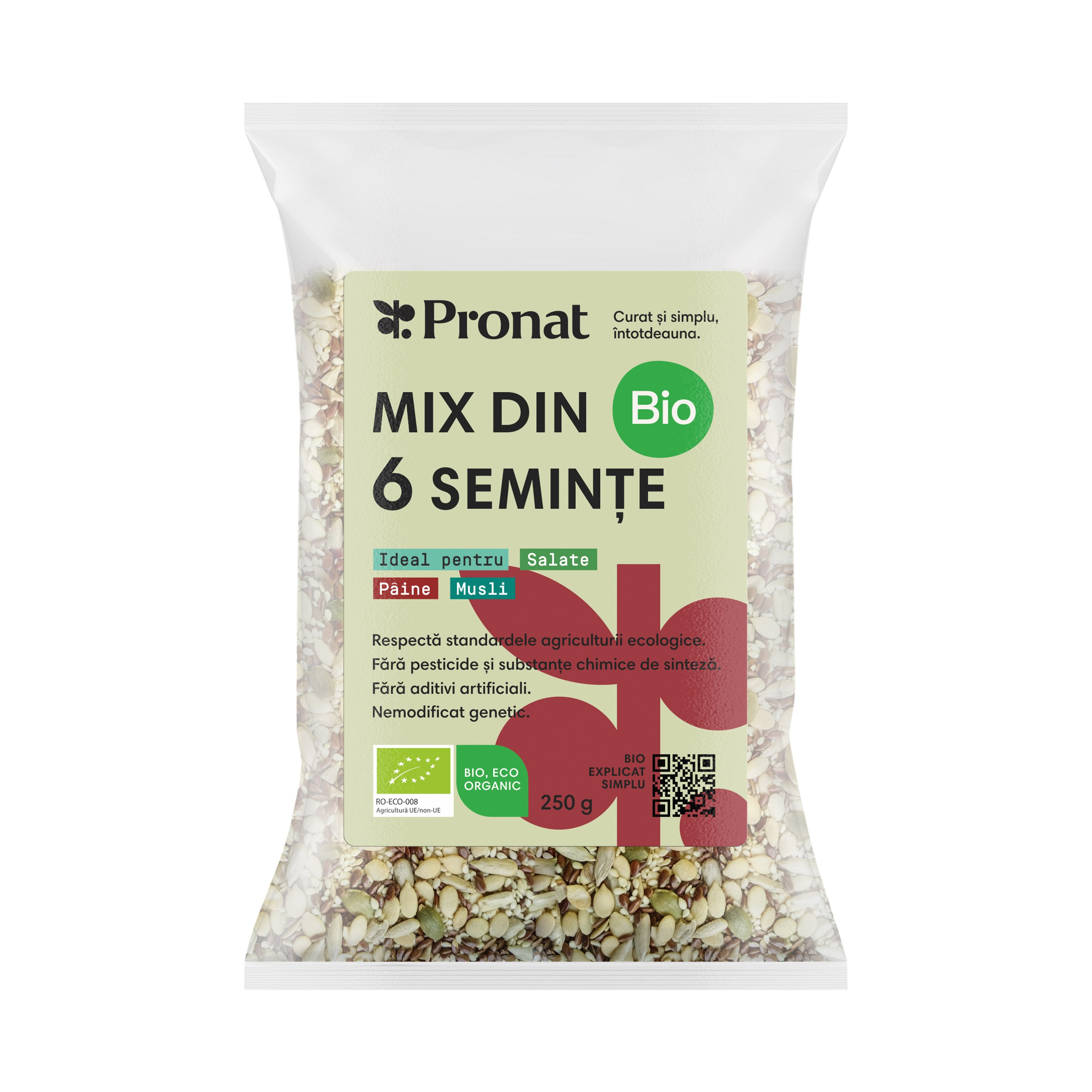 Mix bio din 6 seminte pentru salate, paine, musli 250g Pronat