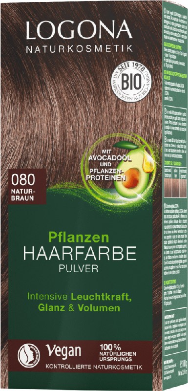Vopsea de par 100 % naturala, 100g CASTANIU NATURAL, Nuanta 080 Logona