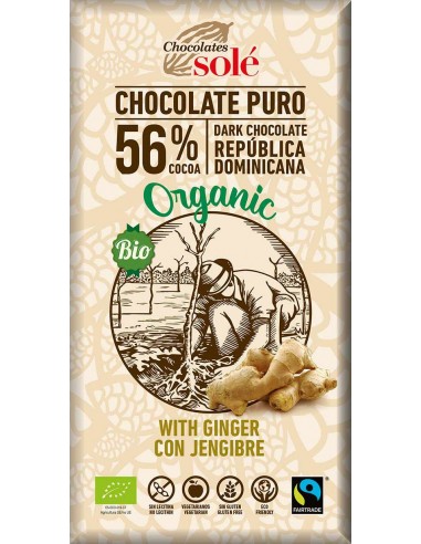 Ciocolată neagră BIO cu ghimbir, 56% cacao, Chocolates Sole 100 g