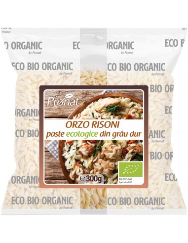 Paste din grau dur bio Orzo Risoni 300g in pachet de plastic transparent marca Pronat