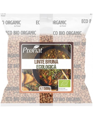 Linte bruna bio 500g in pachet de plastic transparent marca Pronat