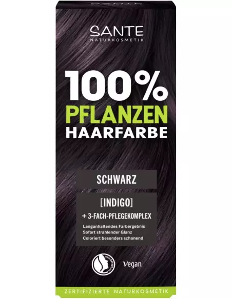 Vopsea BIO pentru păr Negru – Sante, 100% vegetală, 100g, cutie cu pudră vegetală pentru colorare naturală