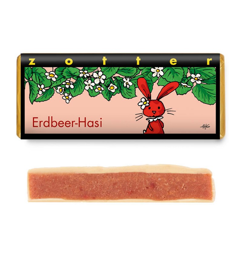 Ciocolată albă bio și fairtrade umplută cu cremă de căpșuni, Iepurașul de Paște, 70g Zotter