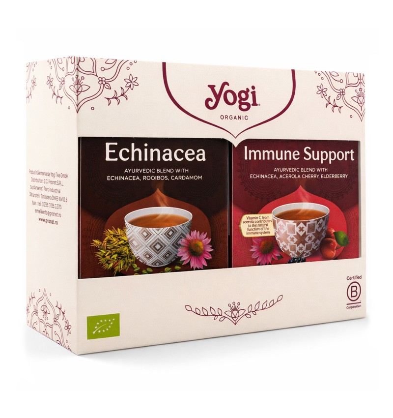 Pachet 1x Ceai Bio Sprijin Imunitar, 17 pliculețe x 1,8g (30,6g) + 1x Ceai Bio Echinacea, 17 pliculețe 30.6 g Yogi Tea
