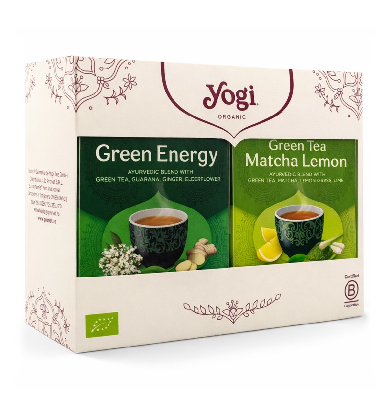 Pachet 1x Ceai Bio Energie Verde, 17 pliculețe x 1,8g (30,6g) + 1x Ceai Bio Matcha Lemon, 17 pliculețe 30.6 g Yogi Tea