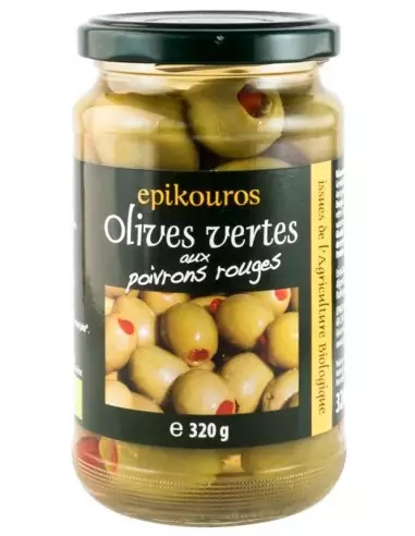 Masline verzi bio umplute cu ardei rosu in saramura, 320g
