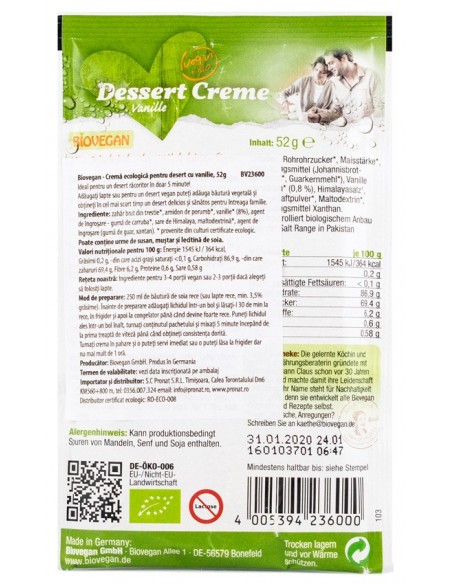 BIOVEGAN – Cremă BIO pentru desert cu vanilie, 52g 