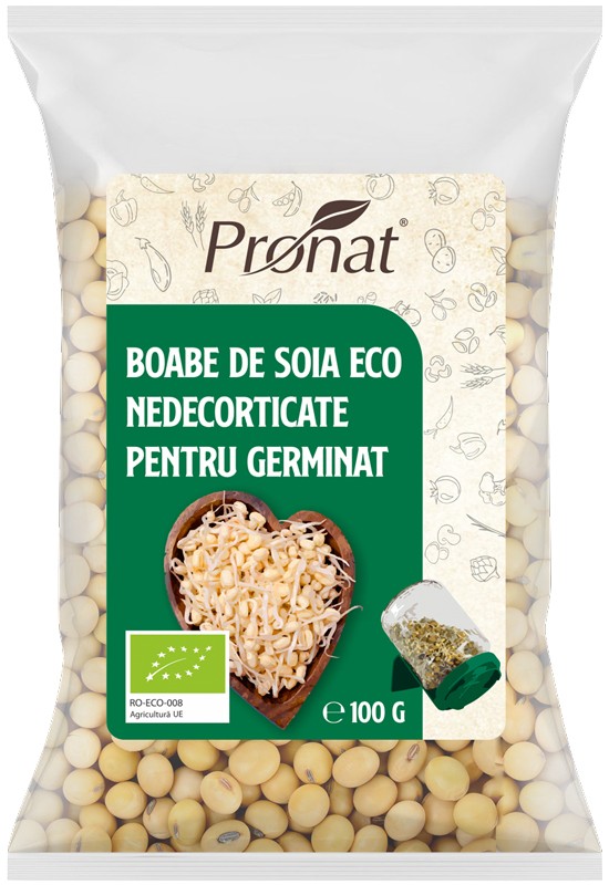 Boabe de soia bio nedecorticate pentru germinat, 100g Pronat