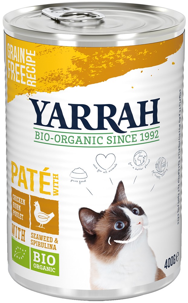 Hrana umeda bio pentru pisici, pate cu pui, alge si spirulina, 400g Yarrah