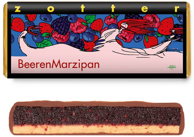 Bio + fair ciocolata cu lapte umpluta cu crema de marzipan, fructe de padure si migdale, 70g Zotter