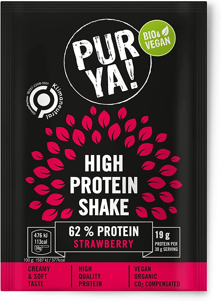 Pulbere bio pentru shake proteic cu capsuni, 62% proteina, 30g Pur Ya