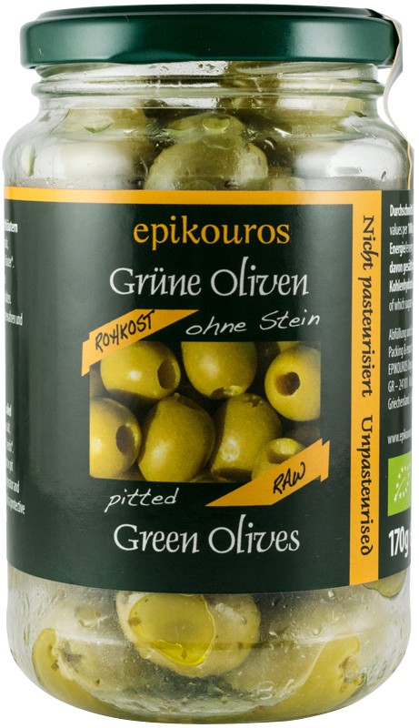 Masline verzi bio, crude, fara samburi, 170g Epikouros