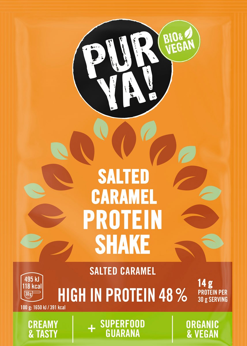 Pulbere bio pentru shake proteic cu caramel sarat, 48% proteina, 30g Pur Ya
