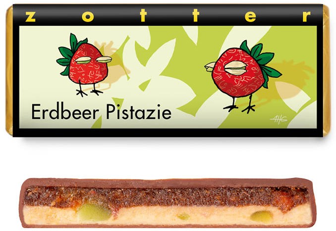 Bio & Fair ciocolata neagra cu lapte umpluta cu martipan de capsuni si nuga de migdale si fistic, Erdbeer Pistazie, 70g Zotter