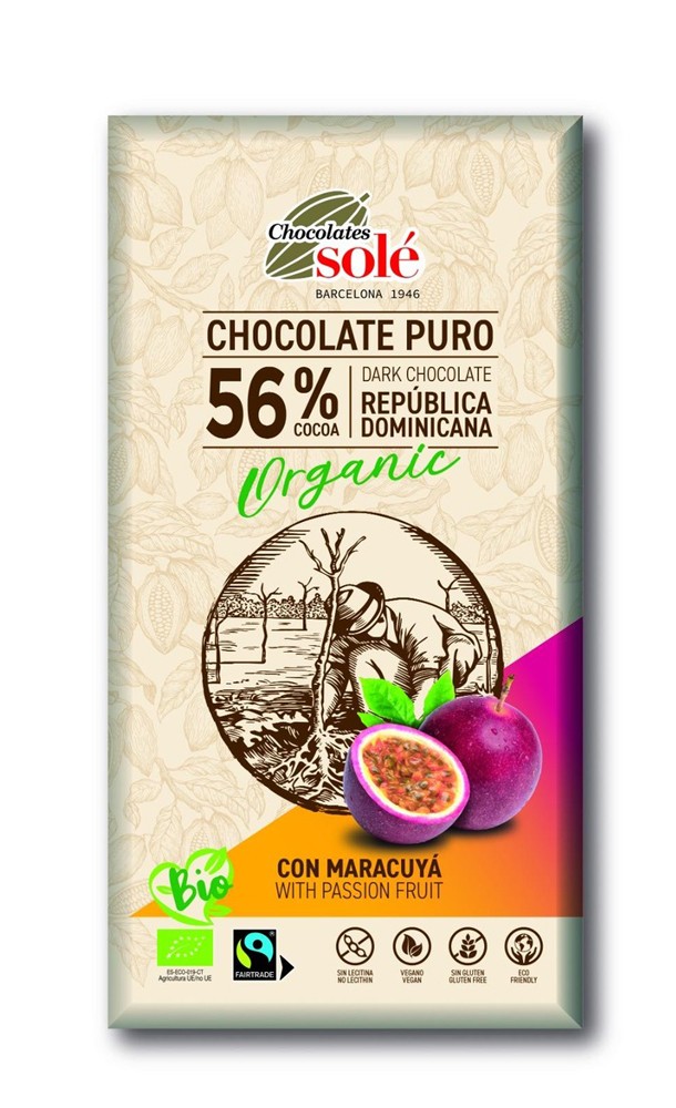 Ciocolata bio 56% cacao cu maracuja, 100g Chocolates Sole