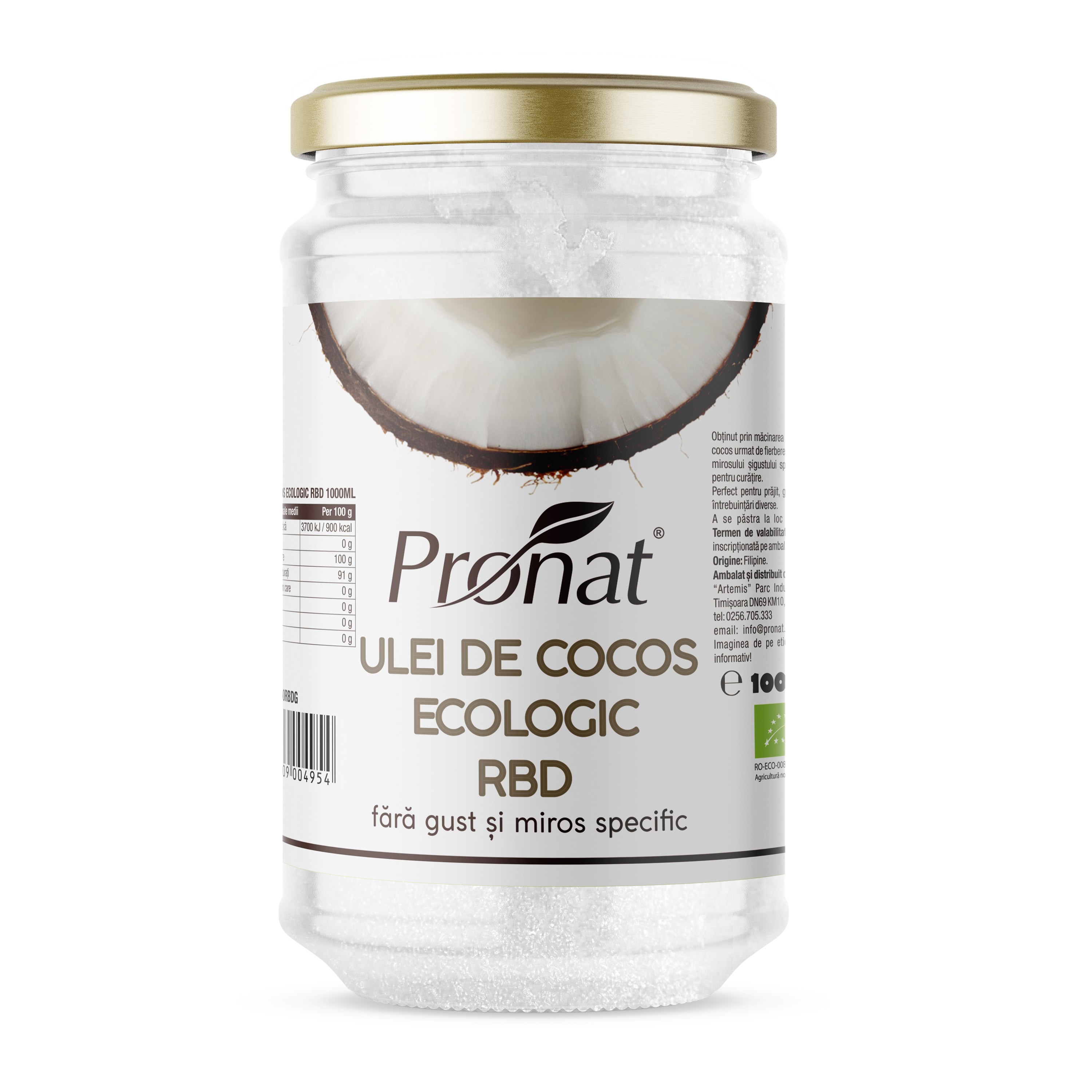 Ulei de cocos bio RBD, 1000ml Pronat
