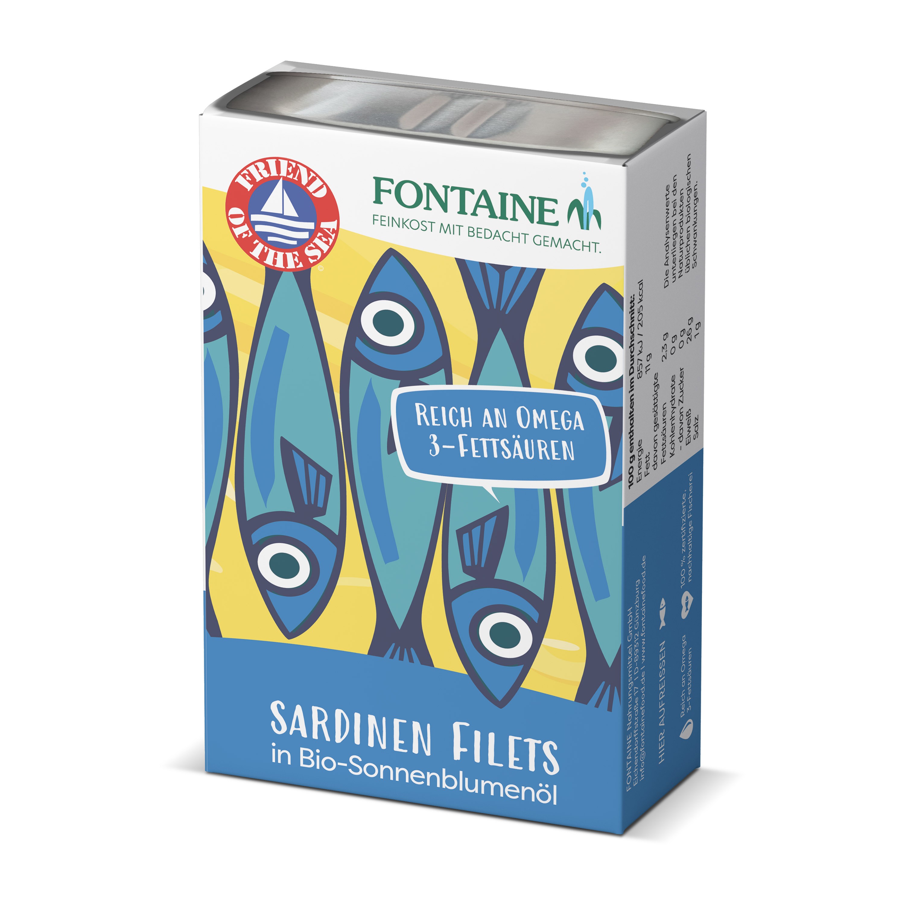 Fileuri de sardine fara oase, cu piele, in ulei bio de floarea soarelui, 120g Fontaine