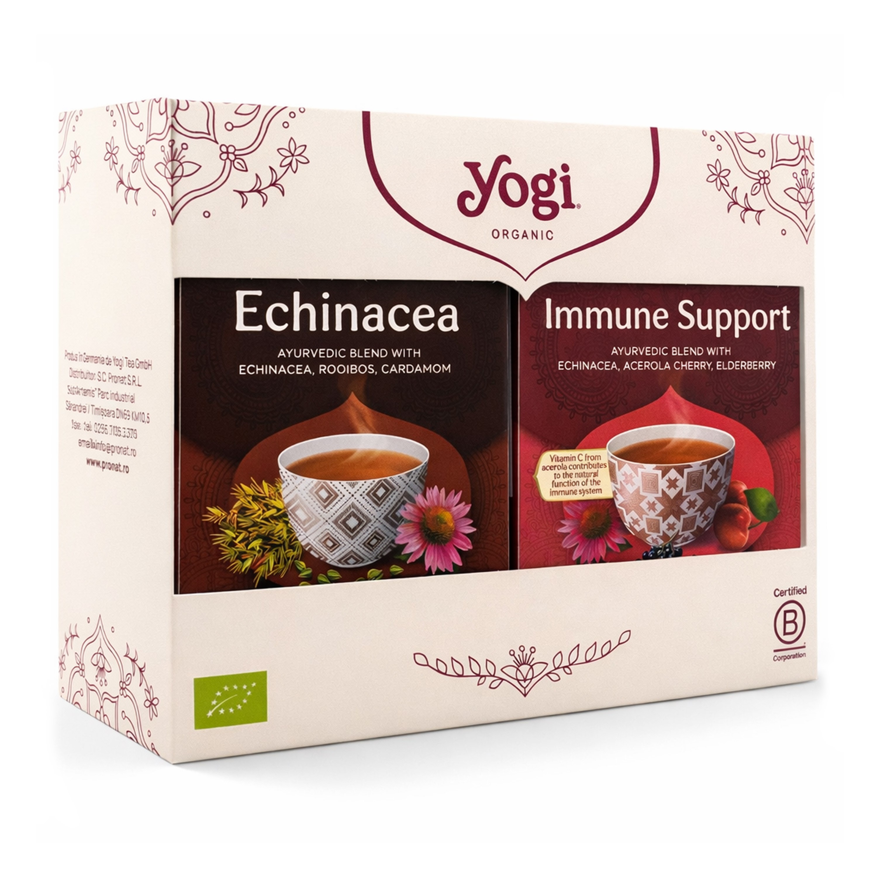 Pachet 1x Ceai Bio Sprijin Imunitar, 17 pliculete x 1,8g (30,6g) + 1x Ceai Bio Echinacea, 17 pliculete 30.6 g Yogi Tea