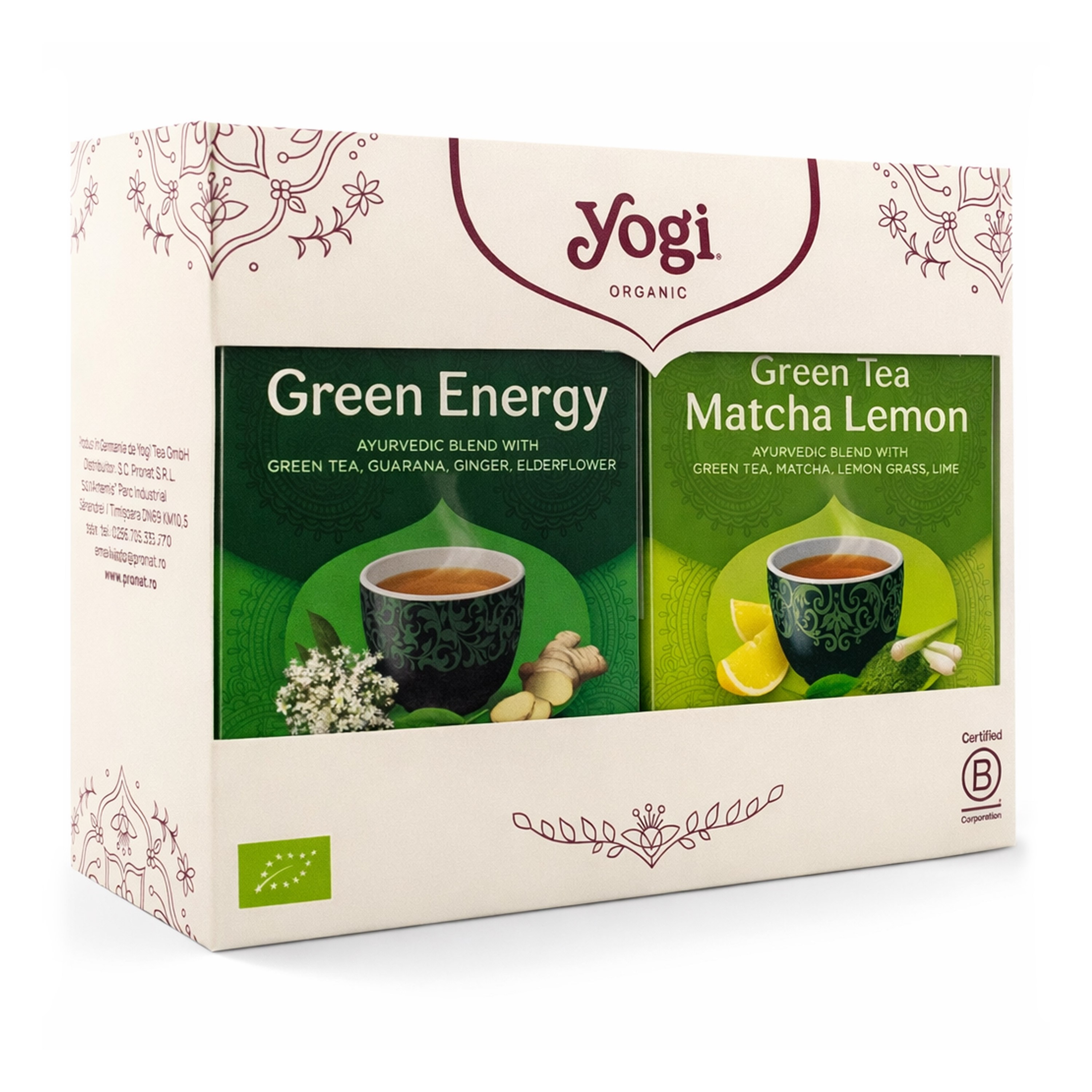 Pachet 1x Ceai Bio Energie Verde, 17 pliculete x 1,8g (30,6g) + 1x Ceai Bio Matcha Lemon, 17 pliculete 30.6 g Yogi Tea
