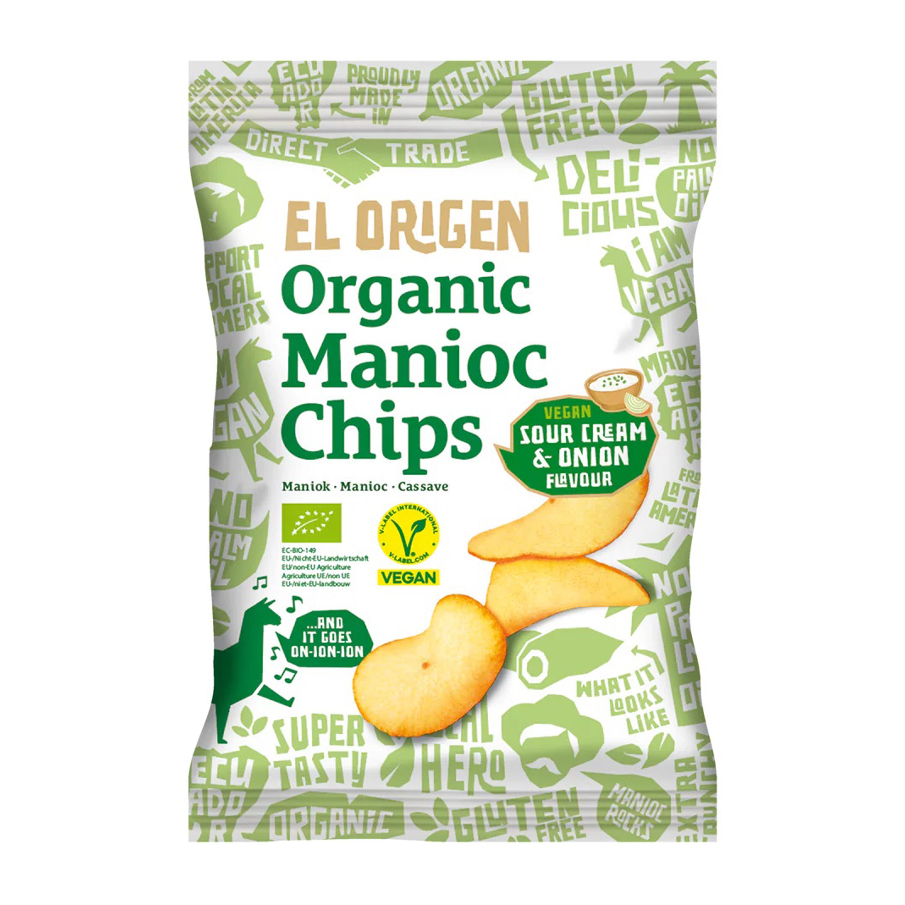 Chipsuri bio de Manioc cu aroma de smantana vegana si ceapa, 60g El Origen