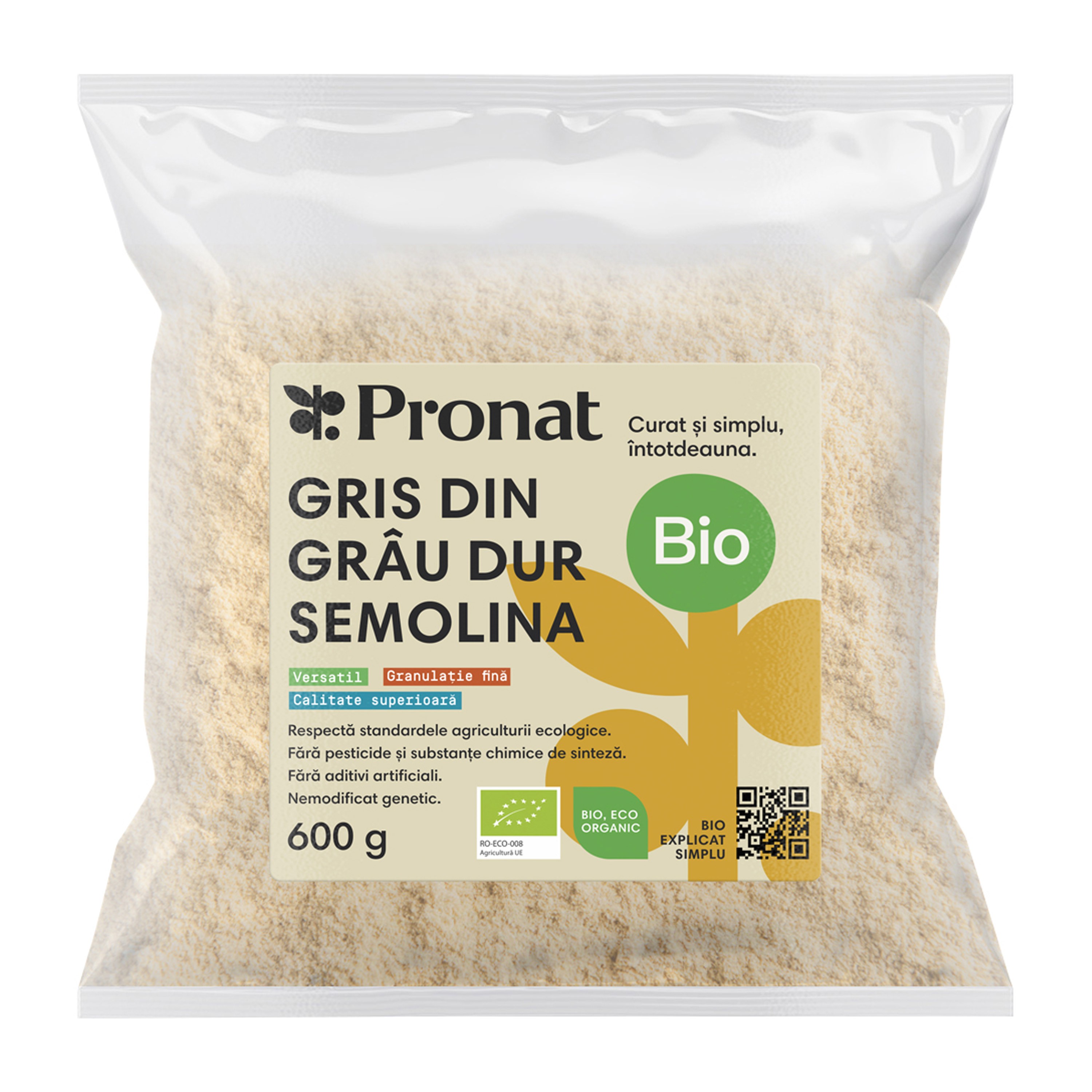 Gris bio din grau dur semolina 600g Pronat