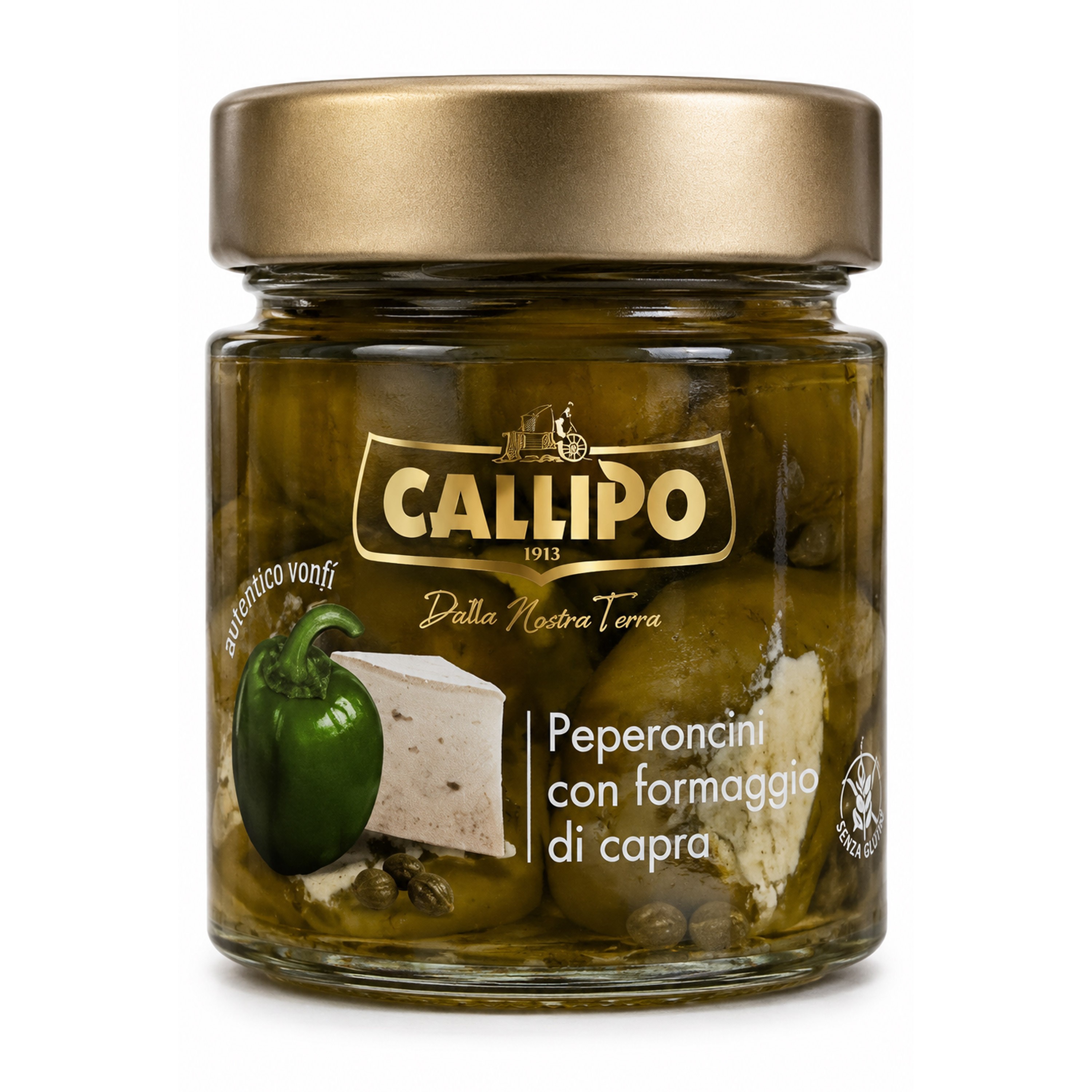 Ardei verzi peperoncini in ulei de masline umpluti cu branza de capra, 225g Callipo